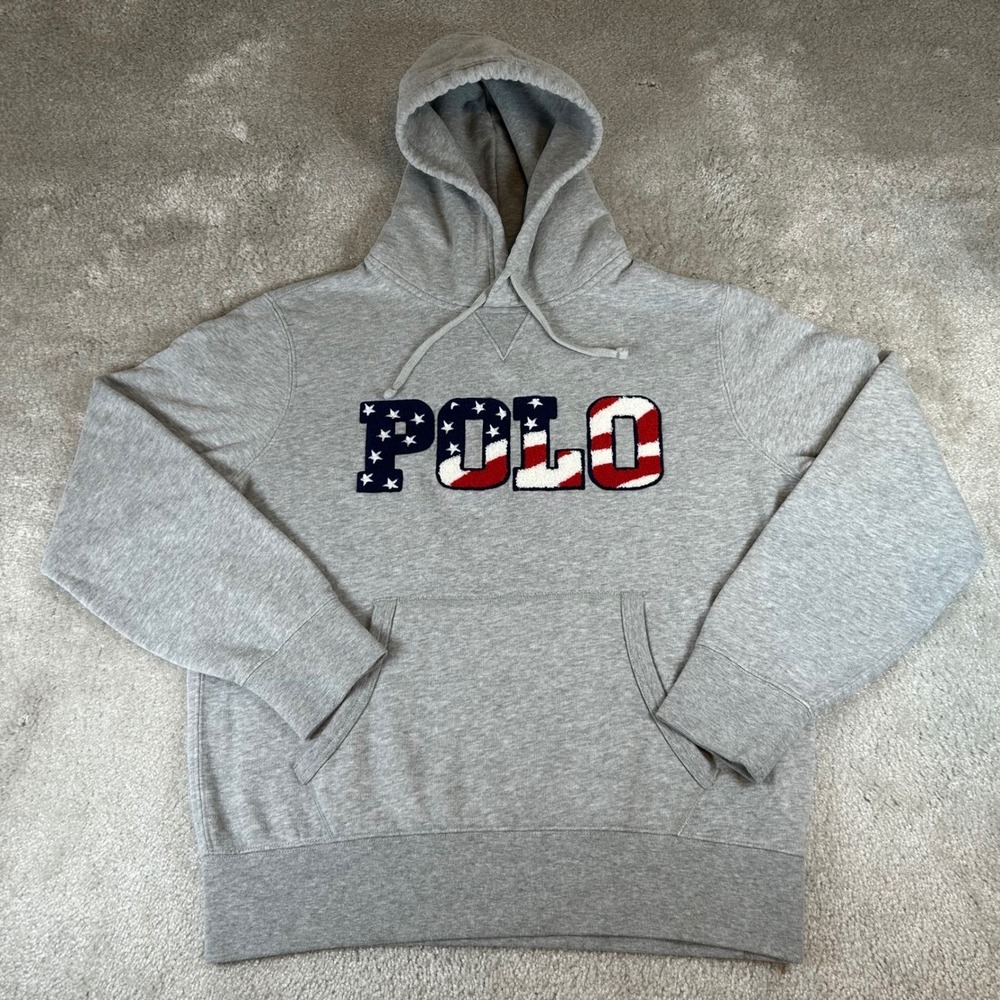 Polo Ralph Lauren Hoodie Men's Medium Gray American Flag Chenille Patch Pullover